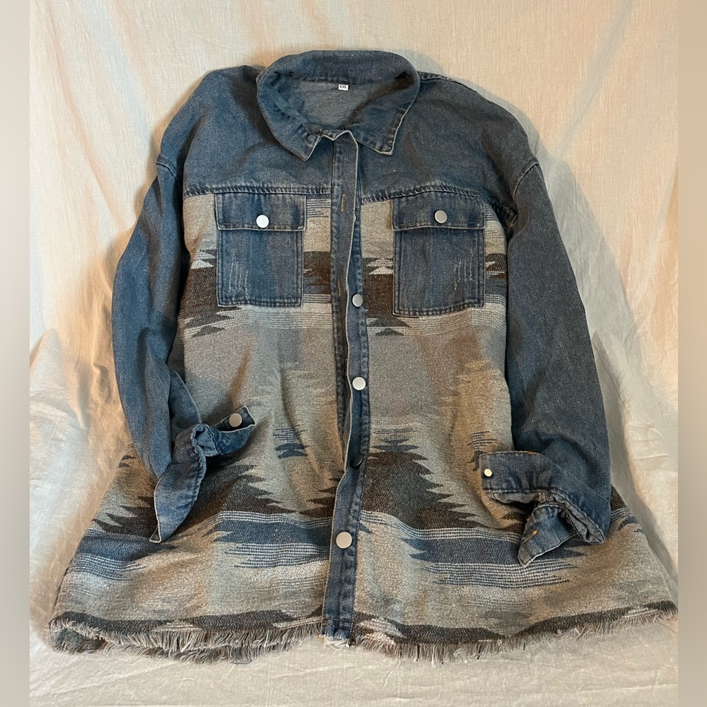 Denim Button-Up Jacket with Patterned Design